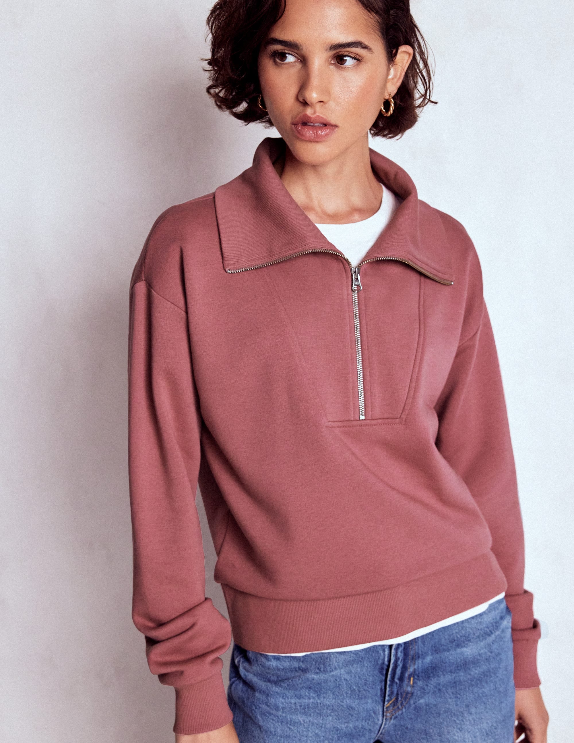 Sweatshirt mit Halbreißverschluss und Einsatz-Rosé - Image 1
