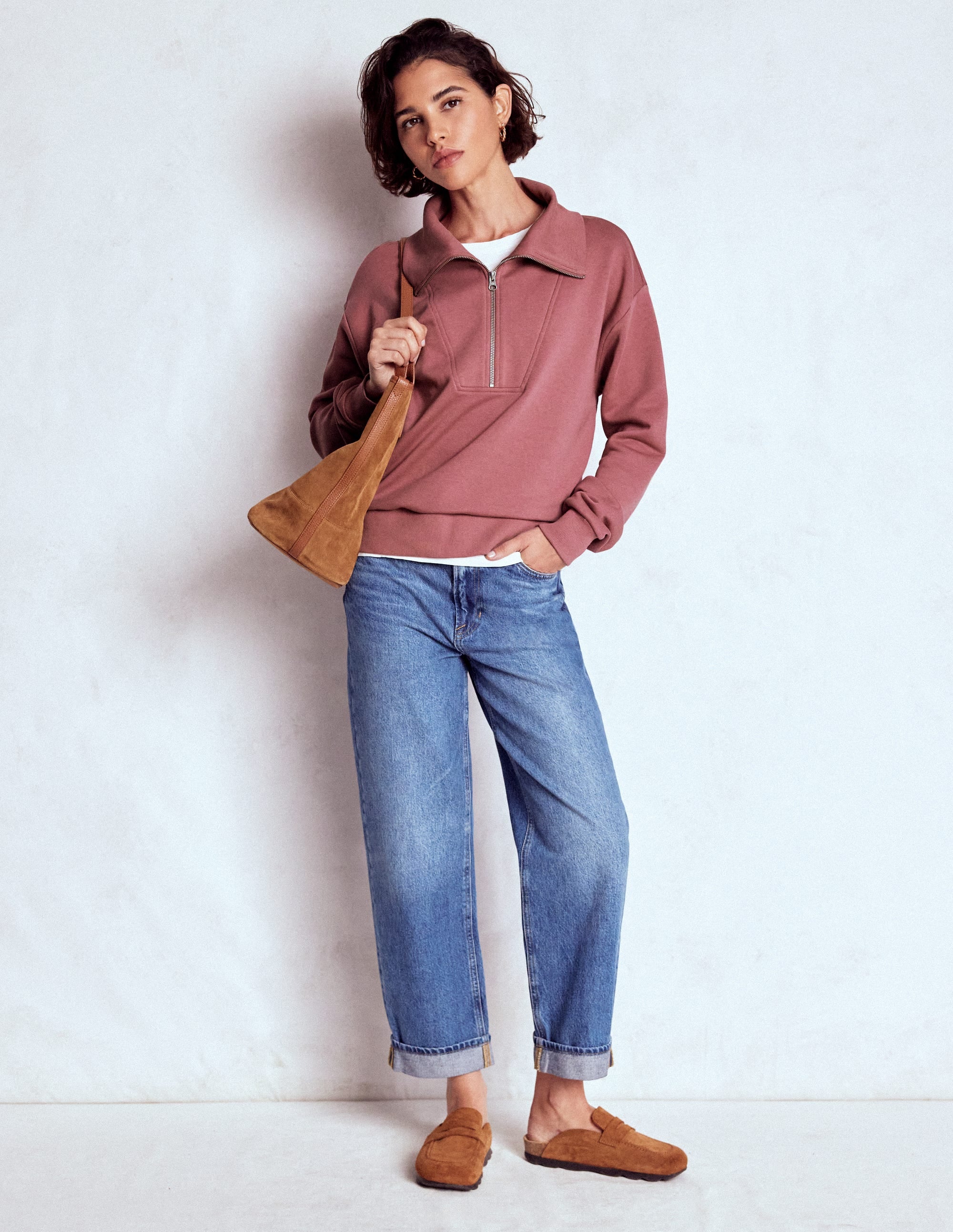 Sweatshirt mit Halbreißverschluss und Einsatz-Rosé - Image 4