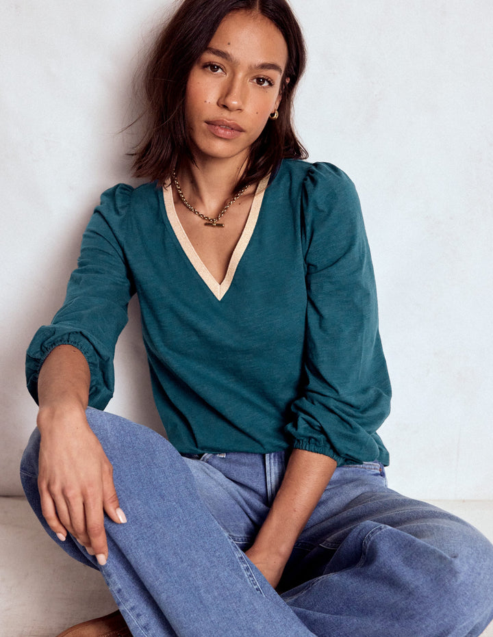 Langärmliges Oberteil mit Metallic-Besatz-Mitternachtsblaugrün