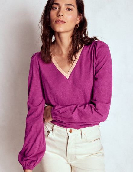 Langärmliges Oberteil mit Metallic-Besatz-Sattes Magenta