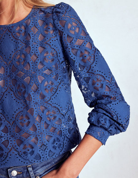 Oberteil aus Spitze mit Rundhalsausschnitt-Denim-Blau