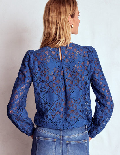 Oberteil aus Spitze mit Rundhalsausschnitt-Denim-Blau-3