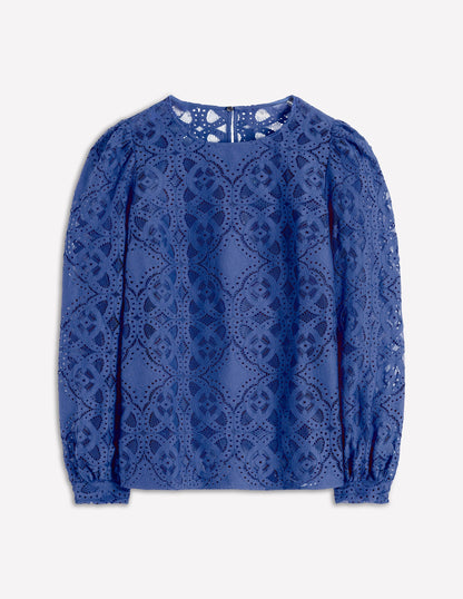 Oberteil aus Spitze mit Rundhalsausschnitt-Denim-Blau-5