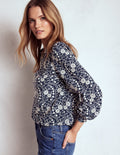 Embroidered Cotton Top-Navy