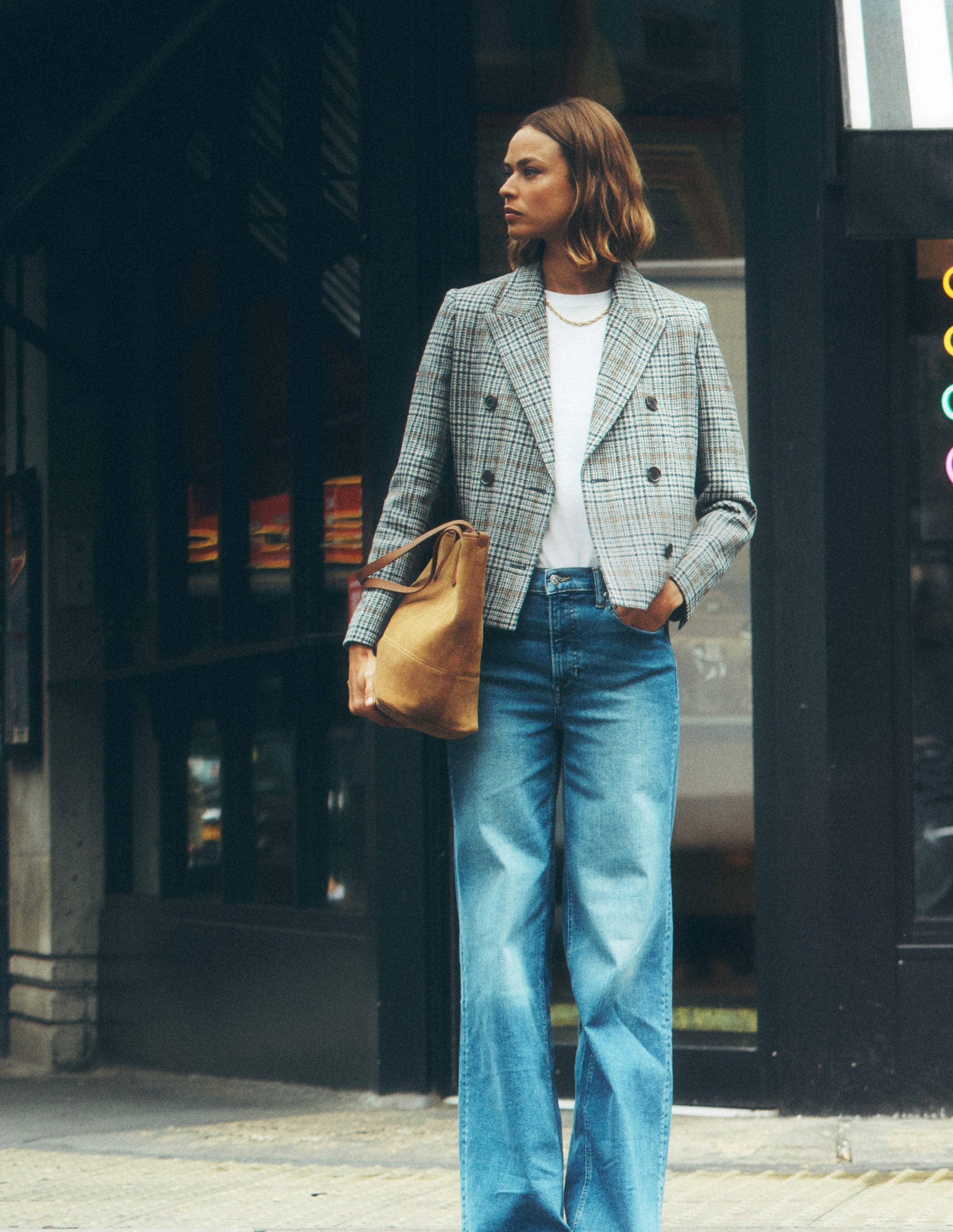 Zweireihiger Blazer mit kastenförmigem Schnitt-Blau, Grau Kariert-1