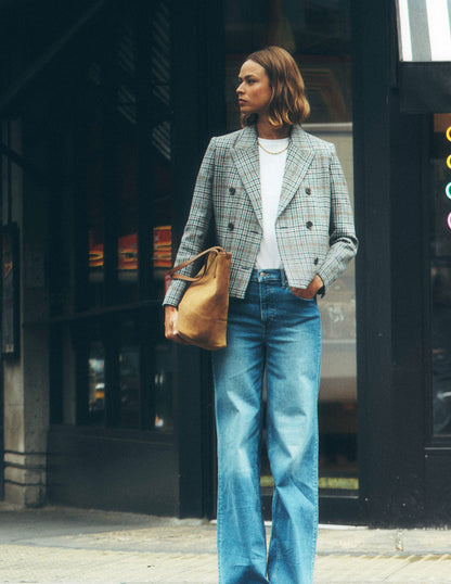 Zweireihiger Blazer mit kastenförmigem Schnitt-Blau, Grau Kariert-1