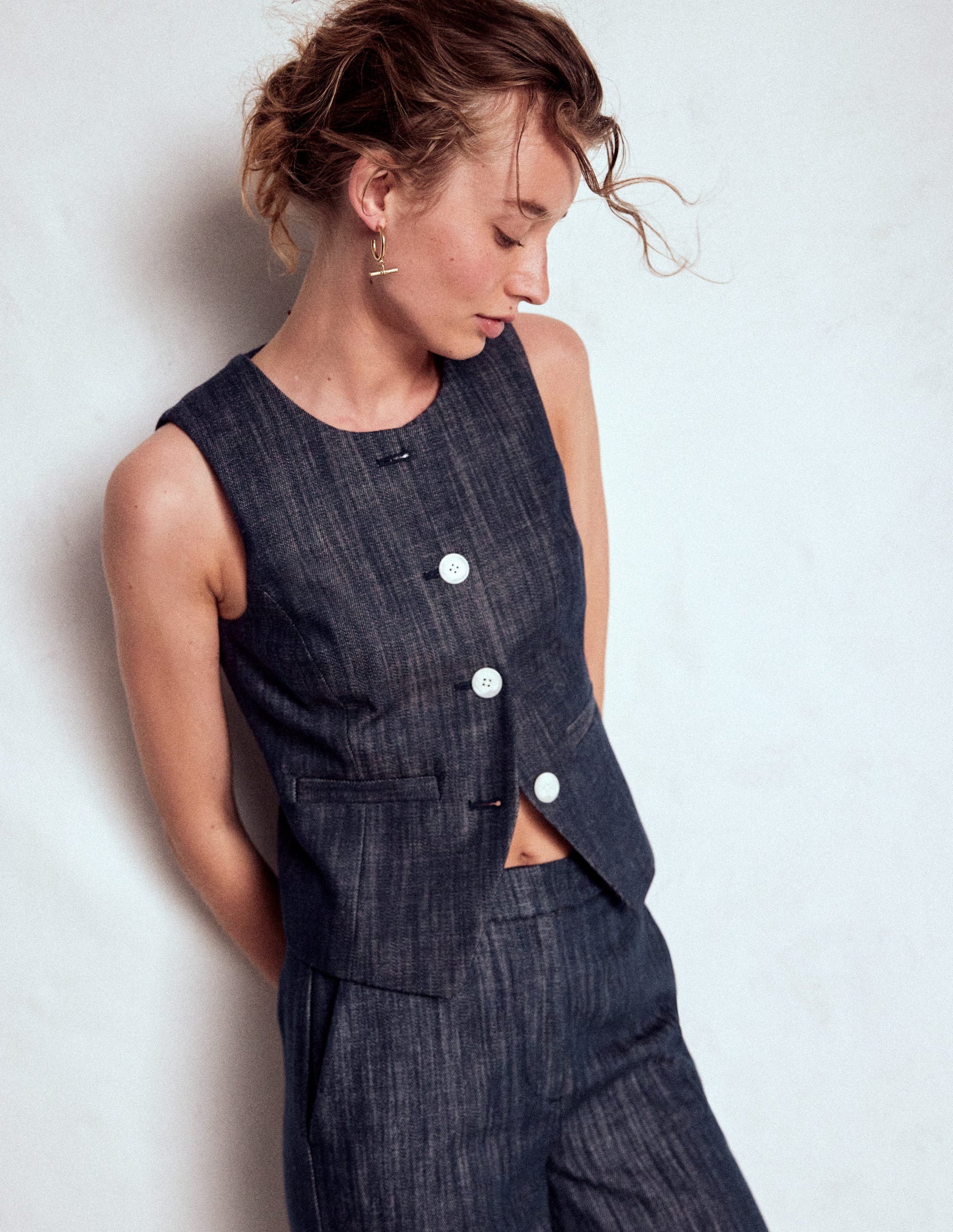 Gilet de costume ajusté en sergé-Indigo-2