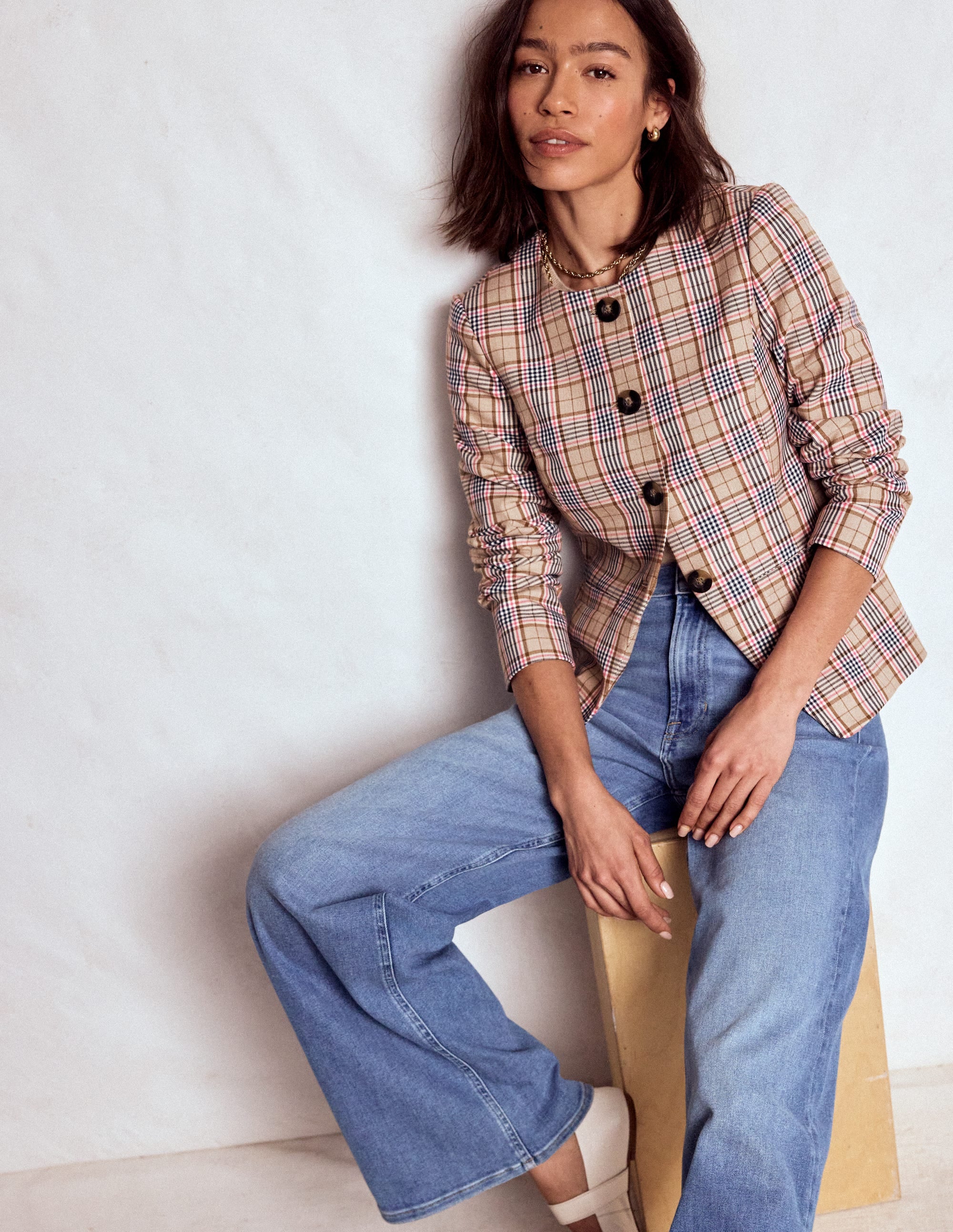 Hampstead Leinenblazer-Braun, Rosa & Marineblau Kariert - Image 1