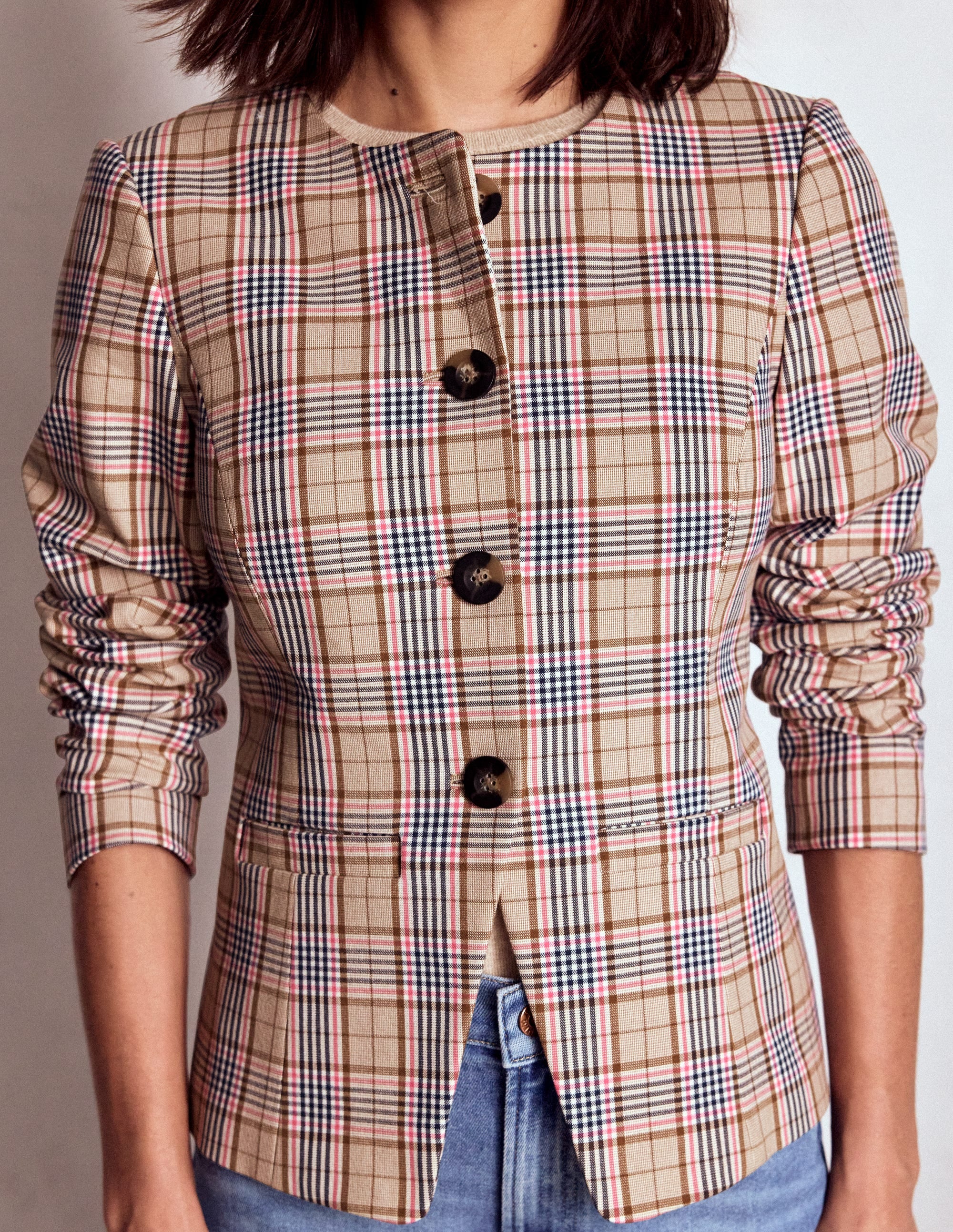 Hampstead Leinenblazer-Braun, Rosa & Marineblau Kariert - Image 2