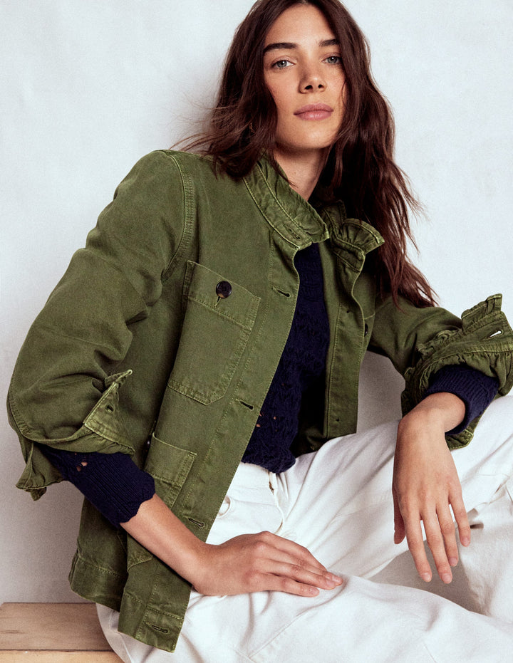 Cotton Frill Collar Jacket-Woodland Green