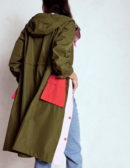 Lange Regenjacke-Khaki, Blockfarben-3