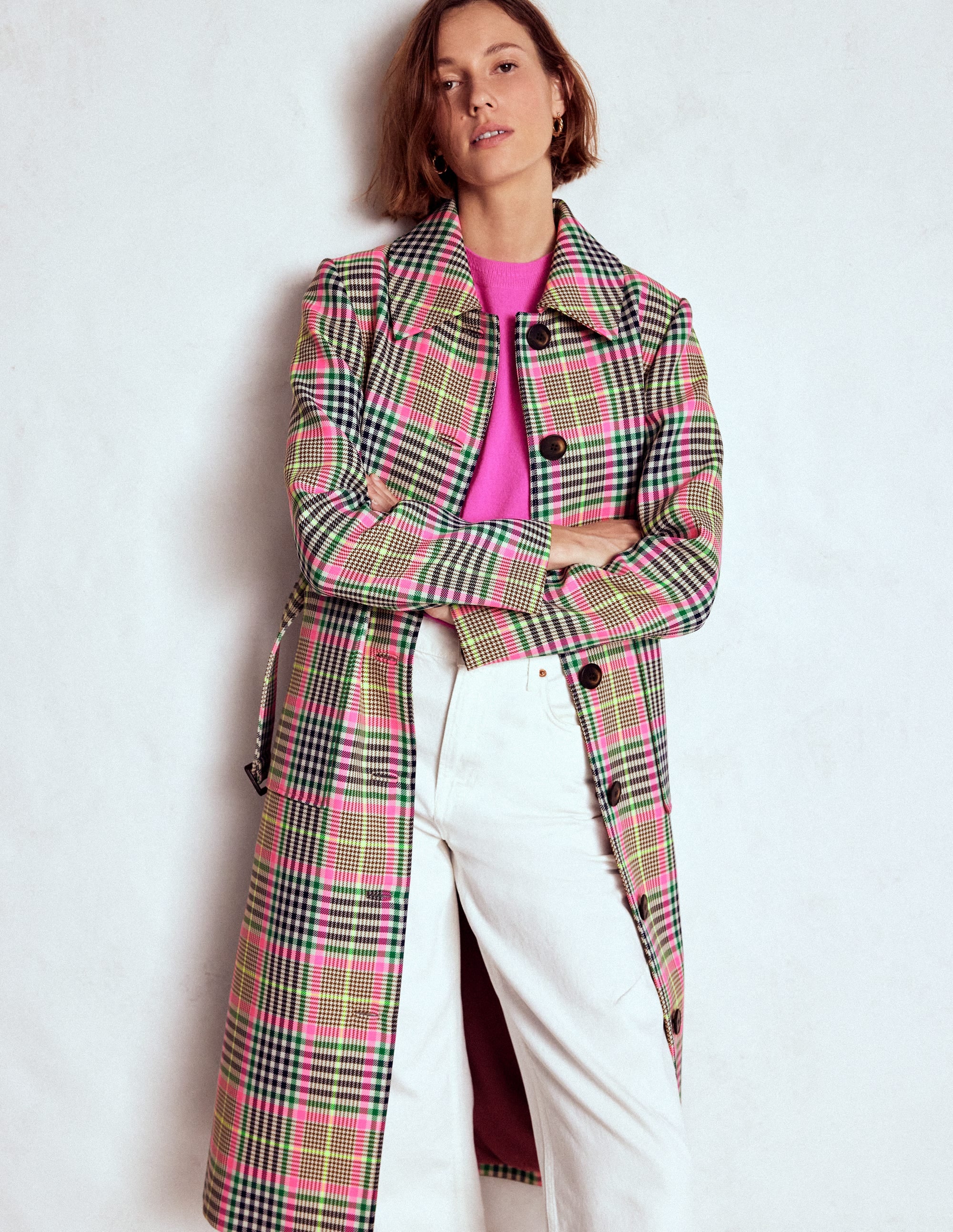 Lancaster Trenchcoat mit Gürtel-Braun, Neonpink Kariert - Image 1