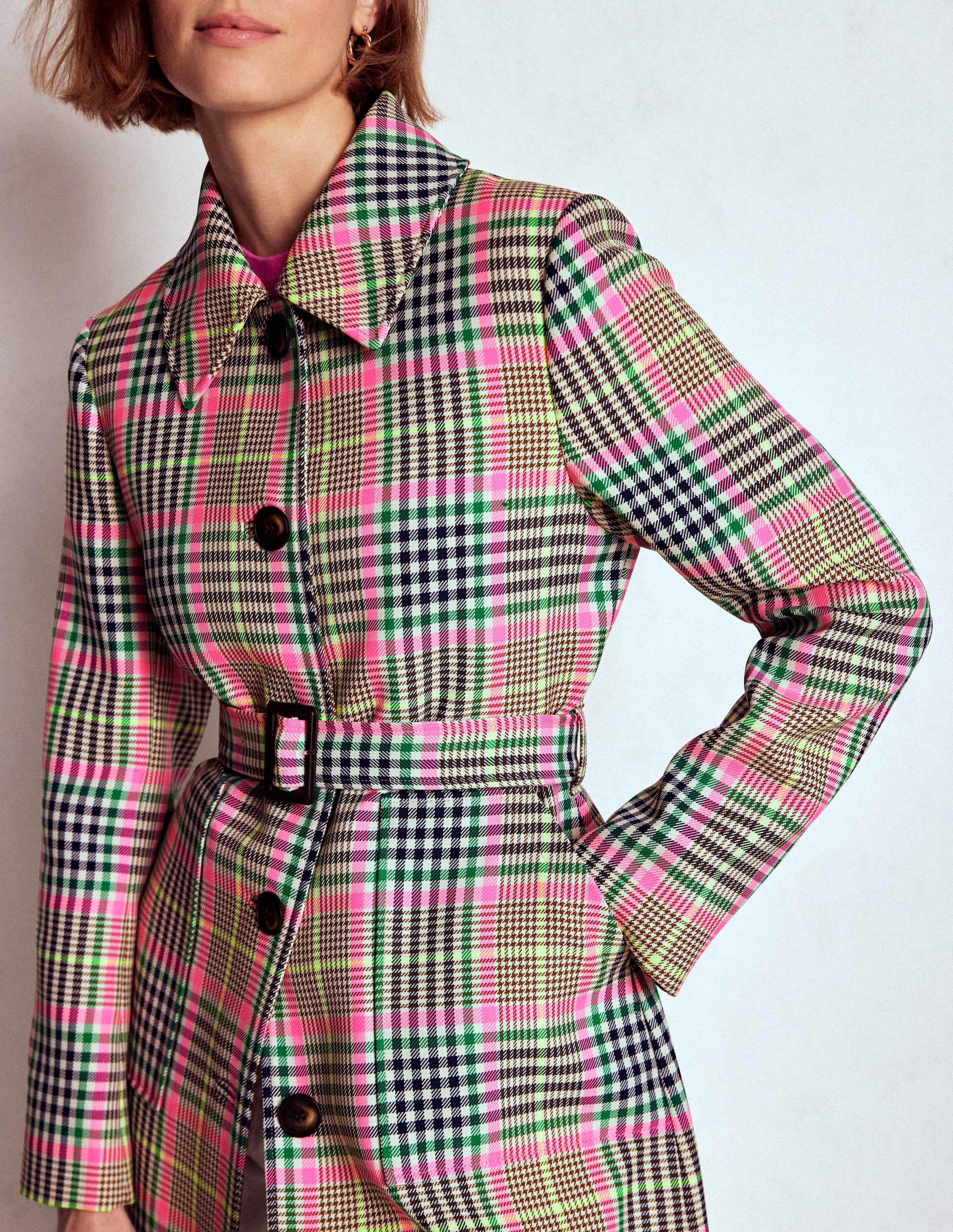Lancaster Trenchcoat mit Gürtel-Braun, Neonpink Kariert-2
