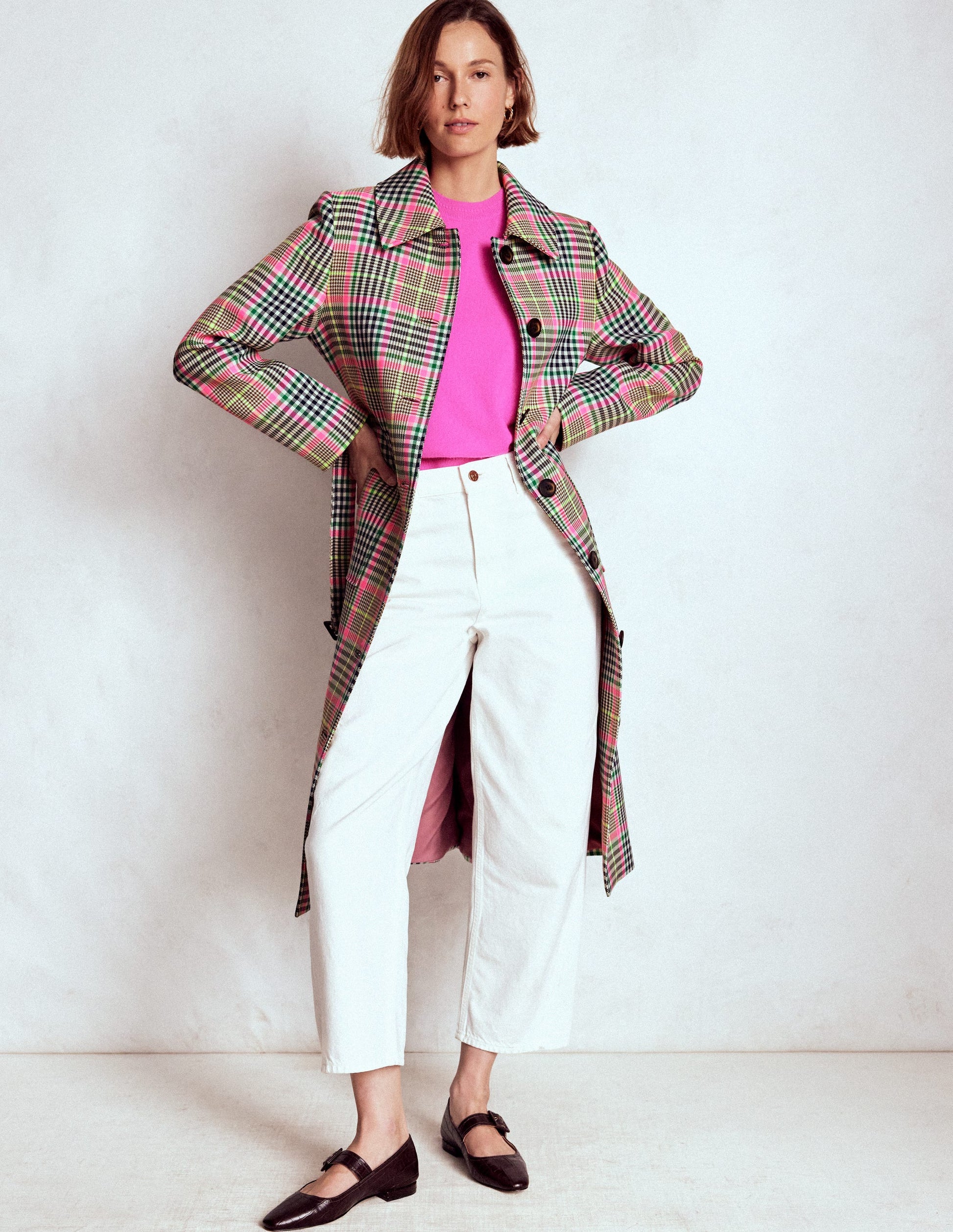 Lancaster Trenchcoat mit Gürtel-Braun, Neonpink Kariert-5