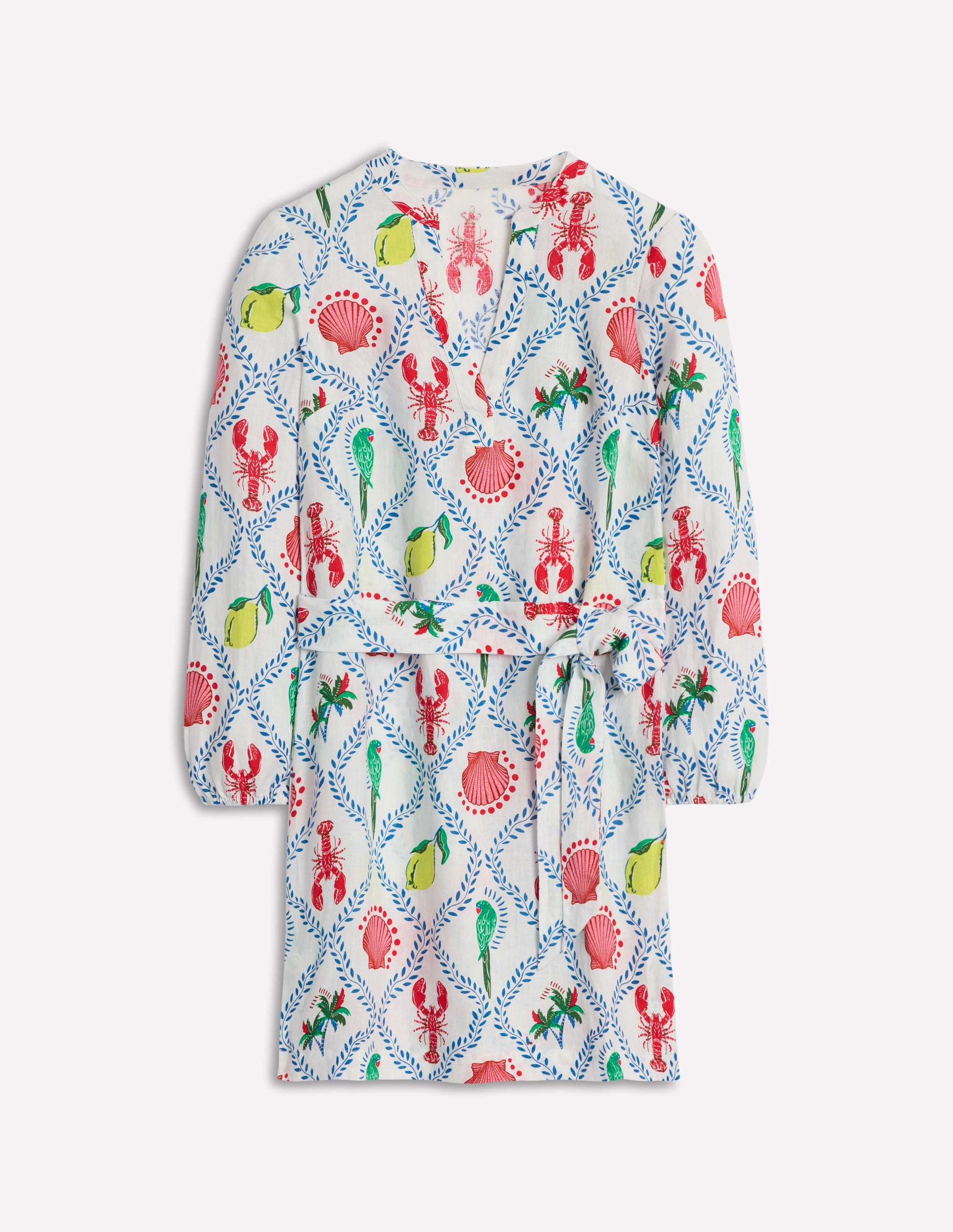 Cleo Leinenkleid mit Bindegürtel-Naturweiß, Tropical Bonanza-Motiv - Image 6