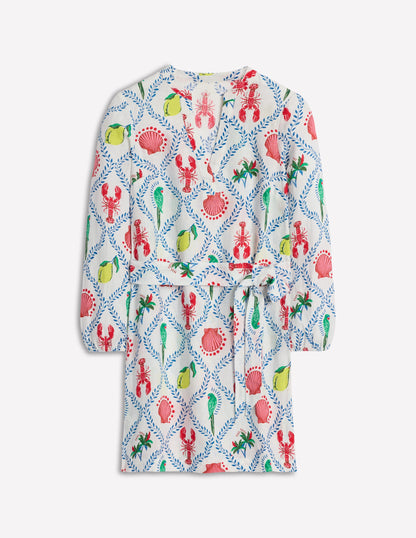 Cleo Leinenkleid mit Bindegürtel-Naturweiß, Tropical Bonanza-Motiv