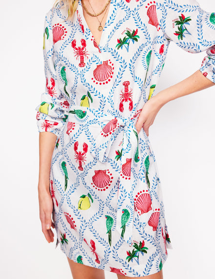 Cleo Leinenkleid mit Bindegürtel-Naturweiß, Tropical Bonanza-Motiv