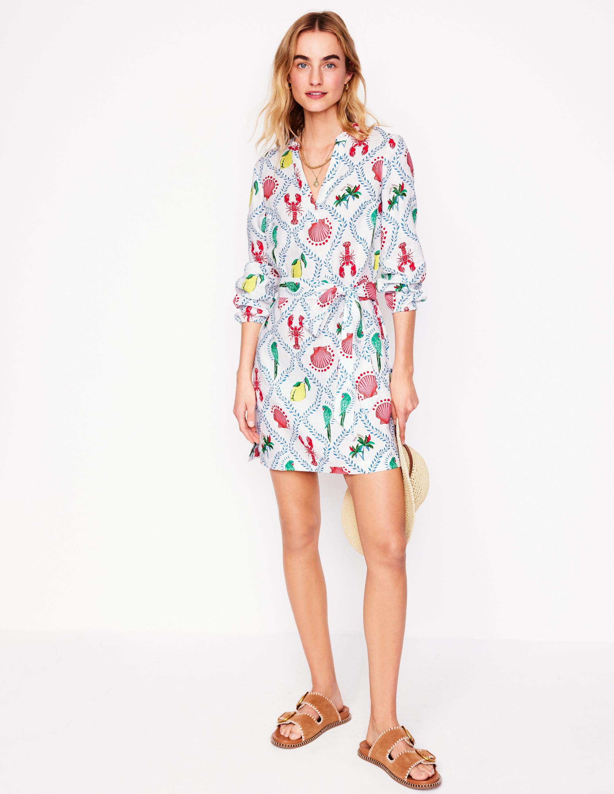 Cleo Leinenkleid mit Bindegürtel-Naturweiß, Tropical Bonanza-Motiv - Image 4
