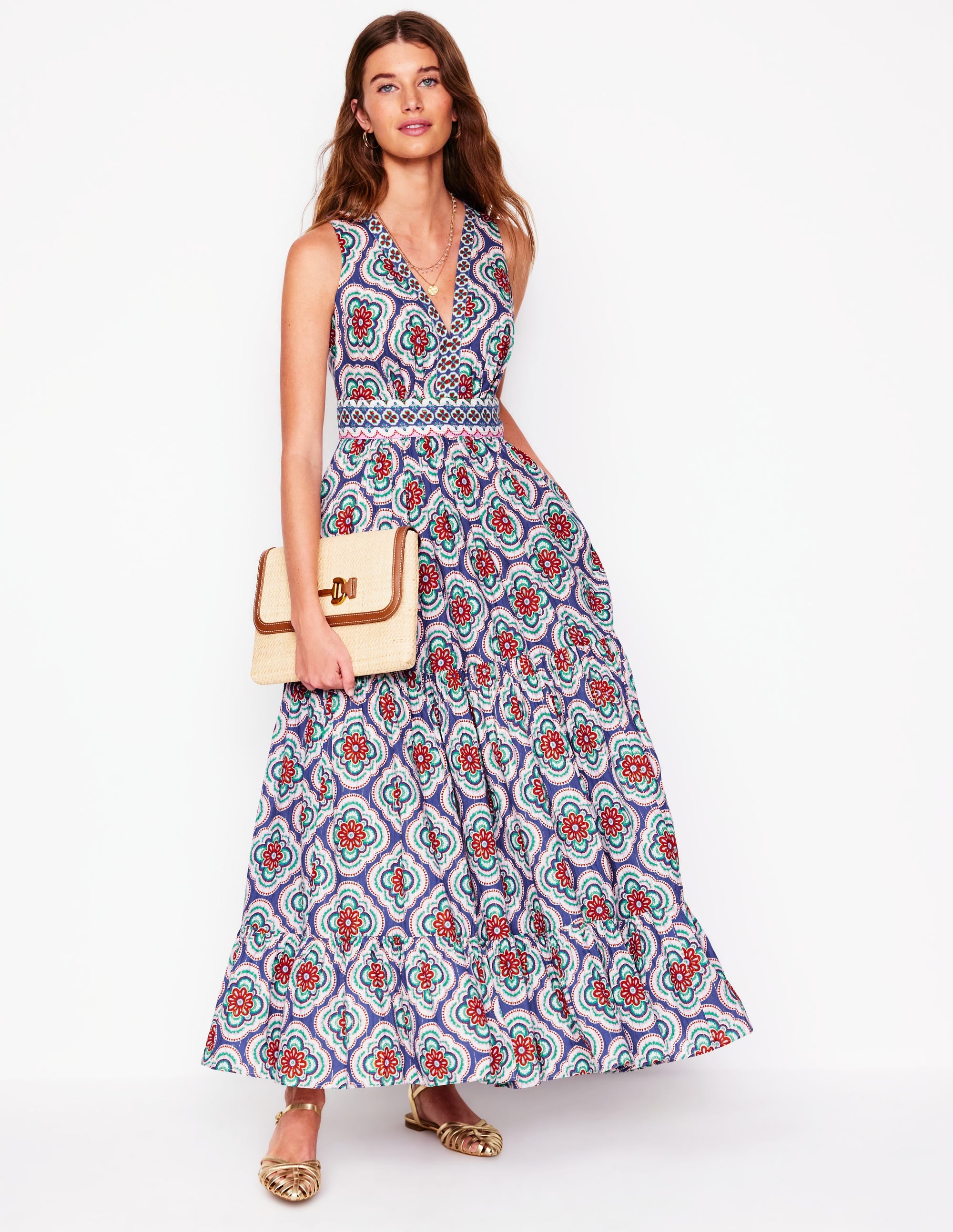 Serena Maxikleid aus Baumwolle zum Binden-Leuchtendes Blau, Botanic Blush-Motiv - Image 1