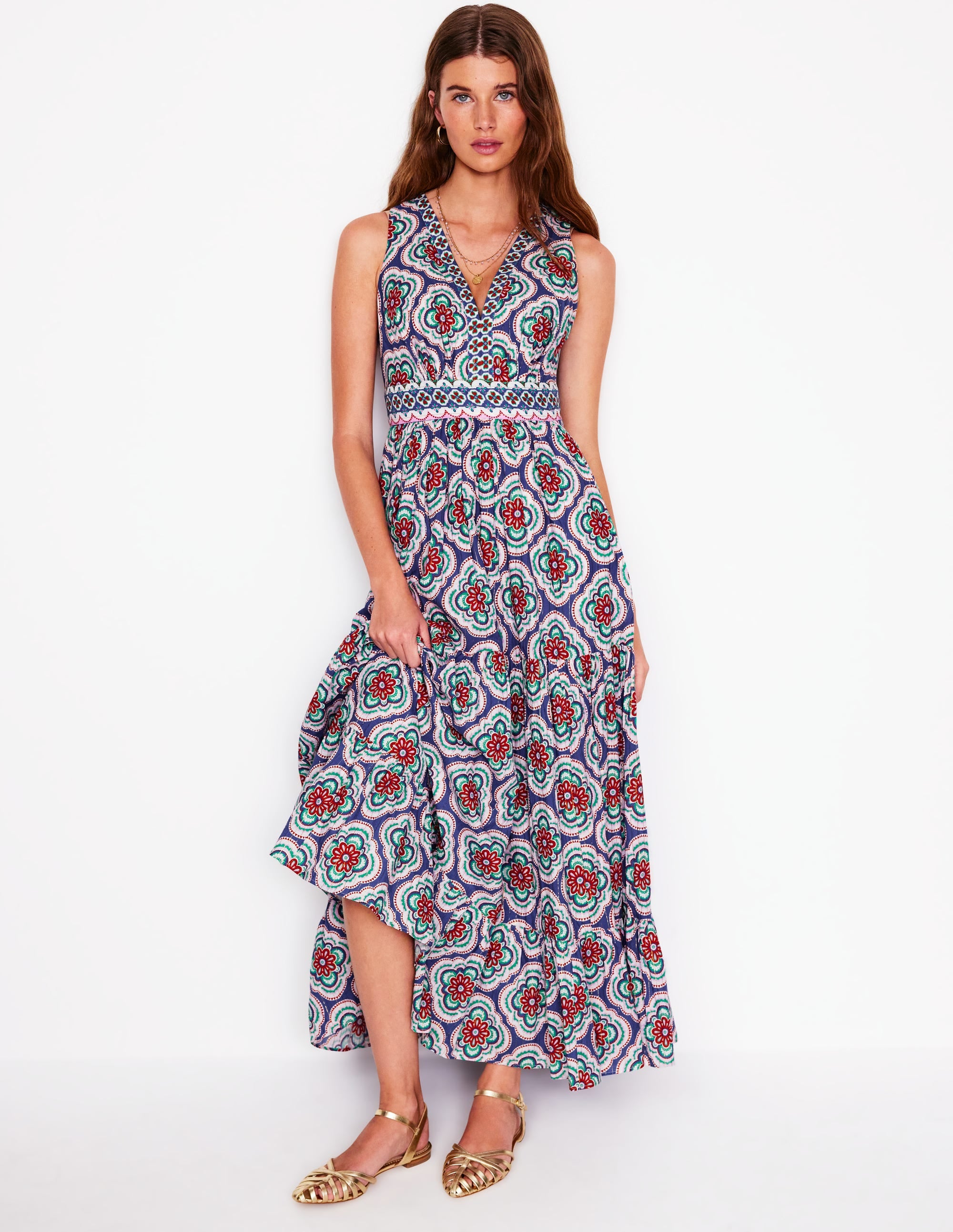 Serena Maxikleid aus Baumwolle zum Binden-Leuchtendes Blau, Botanic Blush-Motiv - Image 4