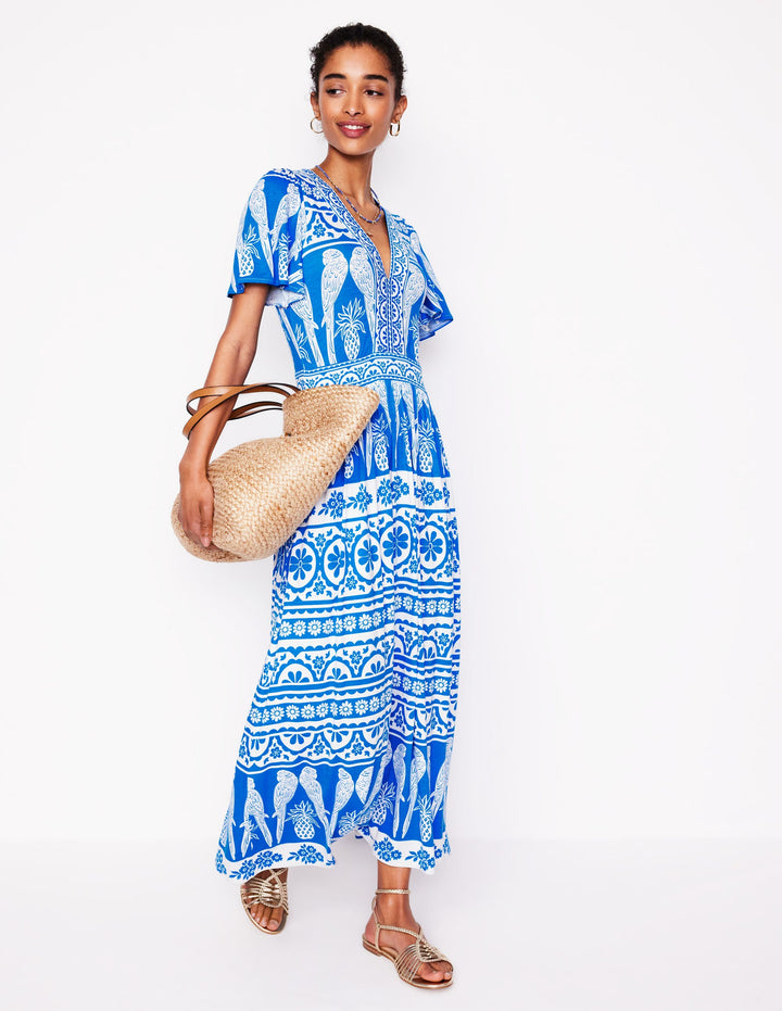 Ellie Wallendes Maxi-Teekleid-Himmelblau, Tropische Ornamente