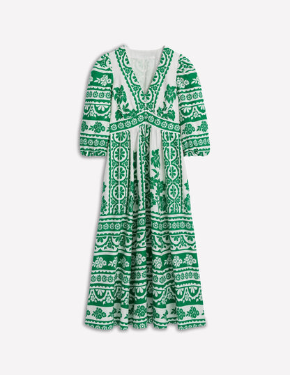 Robe longue Lola à manches blousantes-Émeraude profond, motif Ornate Tropics