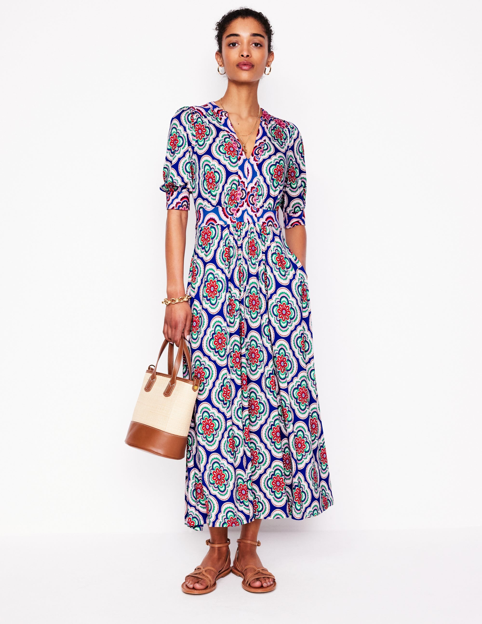 Lily Midi-Teekleid aus Jersey-Leuchtendes Blau, Botanic Blush-Motiv - Image 1