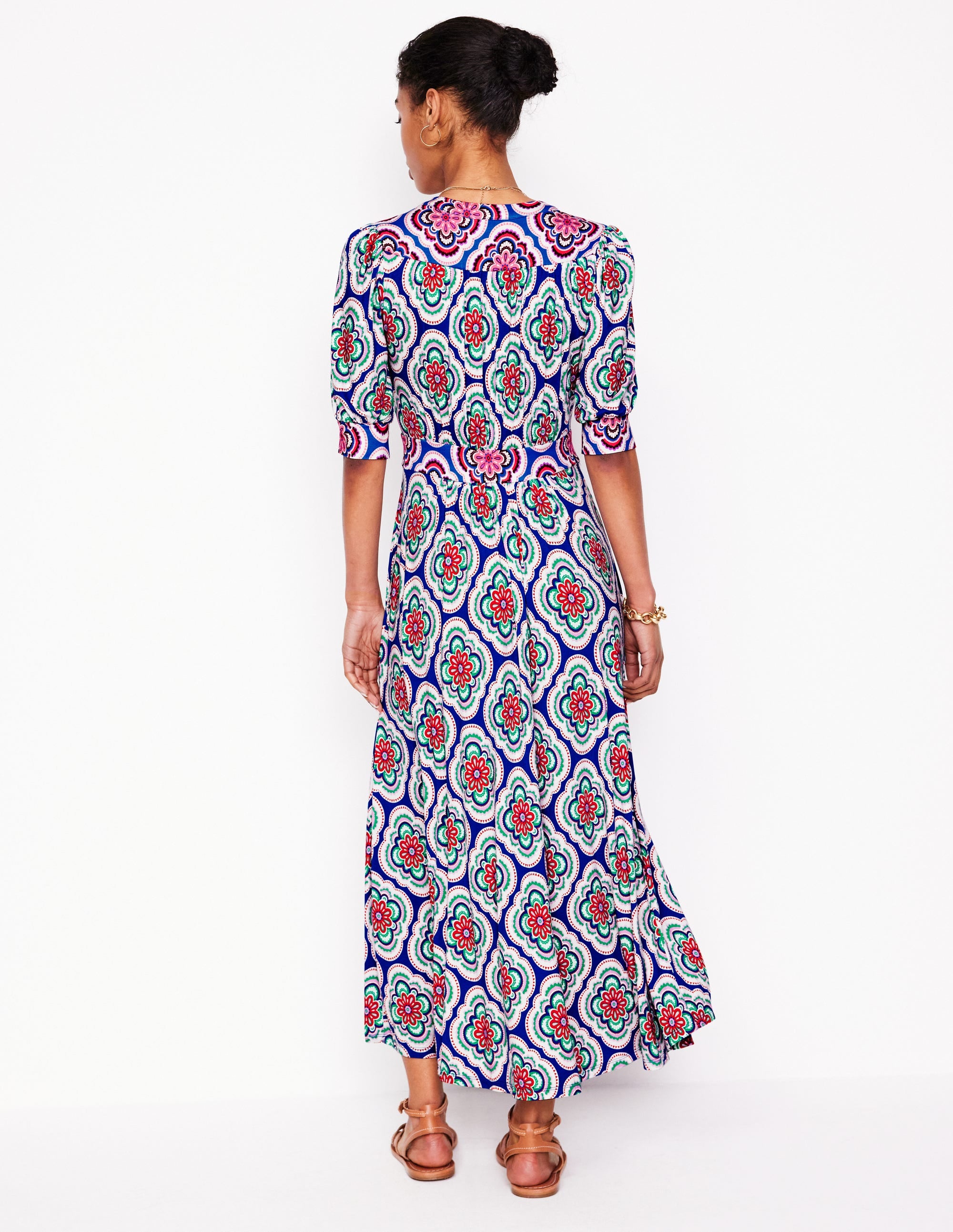Lily Midi-Teekleid aus Jersey-Leuchtendes Blau, Botanic Blush-Motiv - Image 3