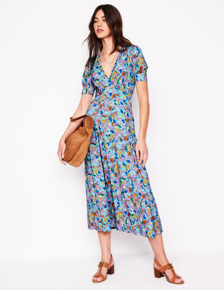 Robe Kristen plissée en jersey-Bleu, motif Enchanting Vine