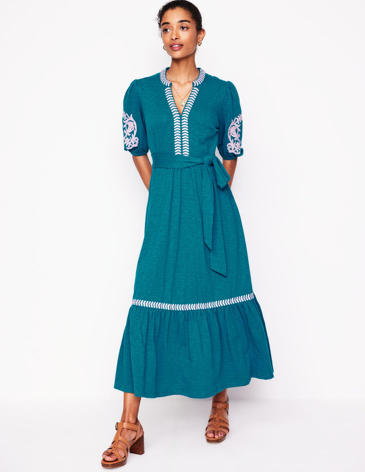 Amara Besticktes Jerseykleid-Tiefseeblau, Wiesenrosa
