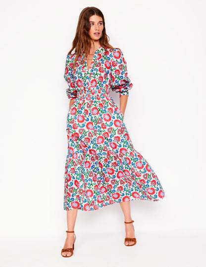 Robe midi Elena en coton à volants-Ivoire, motif Garden Vine