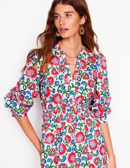 Robe midi Elena en coton à volants-Ivoire, motif Garden Vine