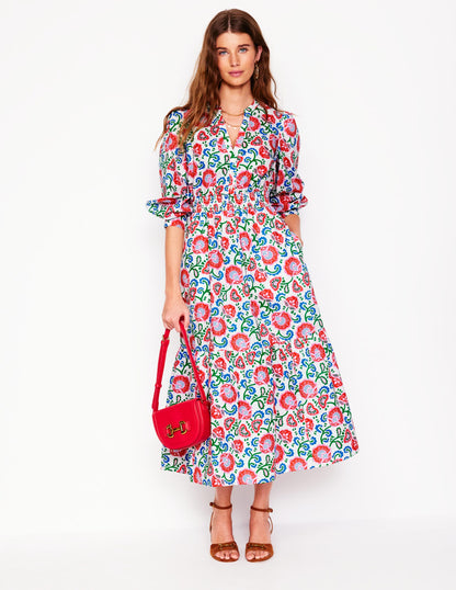 Robe midi Elena en coton à volants-Ivoire, motif Garden Vine