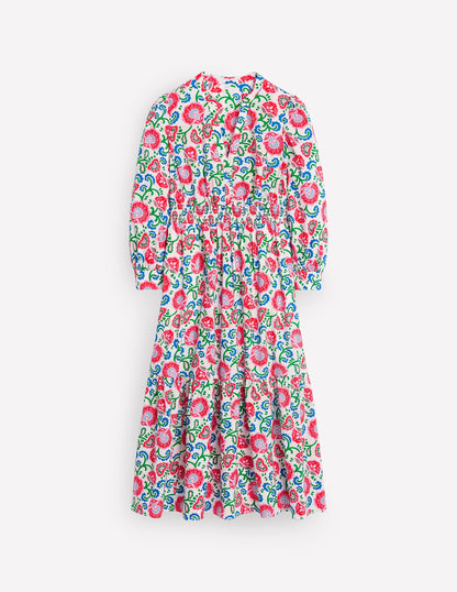 Robe midi Elena en coton à volants-Ivoire, motif Garden Vine