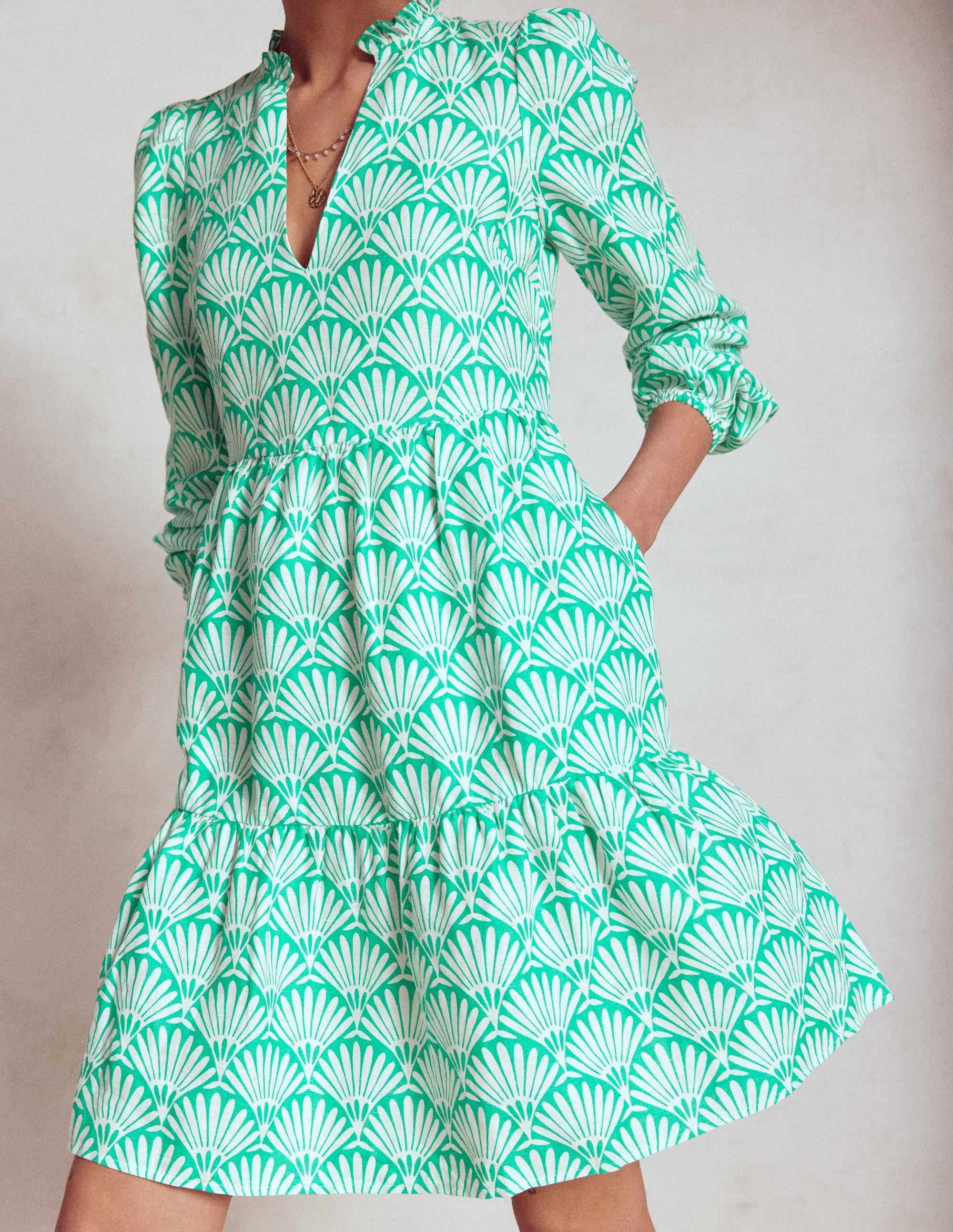 Mini-robe Esme en lin-Bleu aigue-marine, motif Deco Palm - Image 4