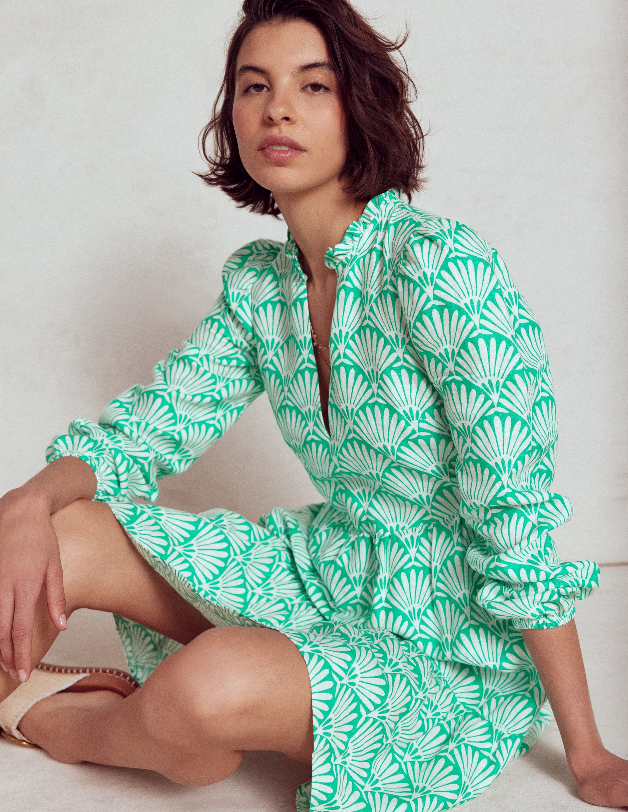 Mini-robe Esme en lin-Bleu aigue-marine, motif Deco Palm - Image 5