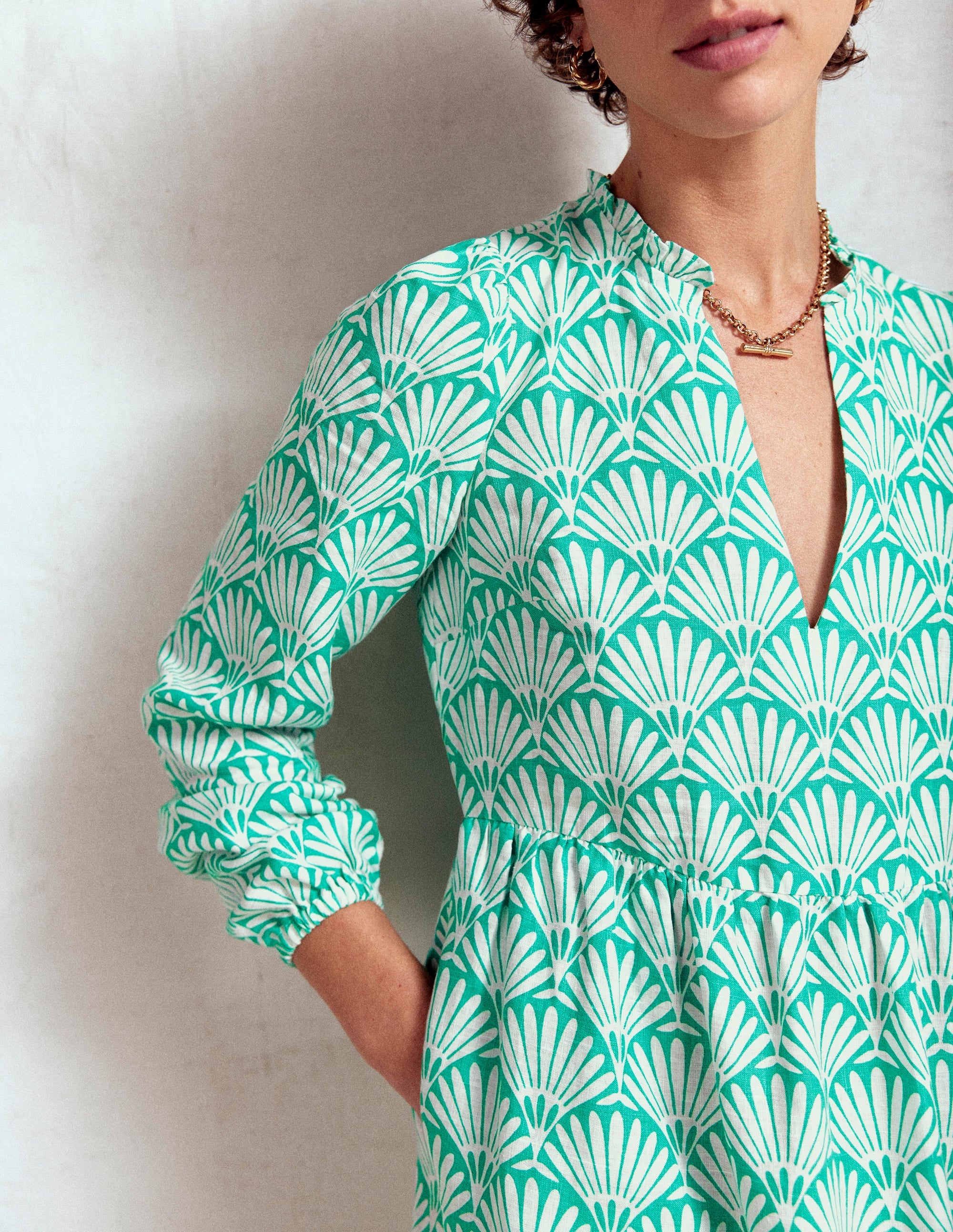 Mini-robe Esme en lin-Bleu aigue-marine, motif Deco Palm - Image 3
