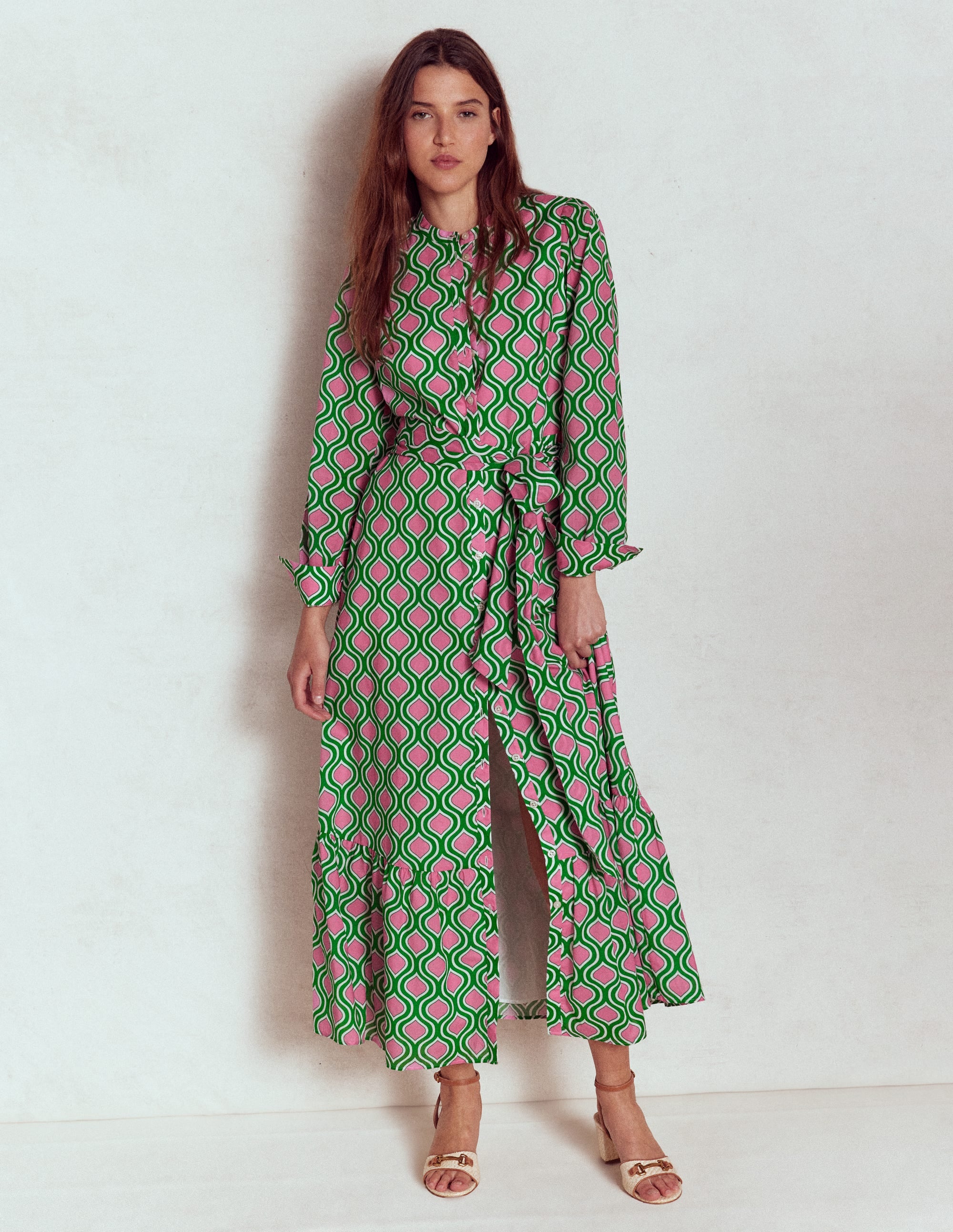 Mia Gestuftes Hemdblusenkleid-Smaragdgrün, Geo-Spalier - Image 5