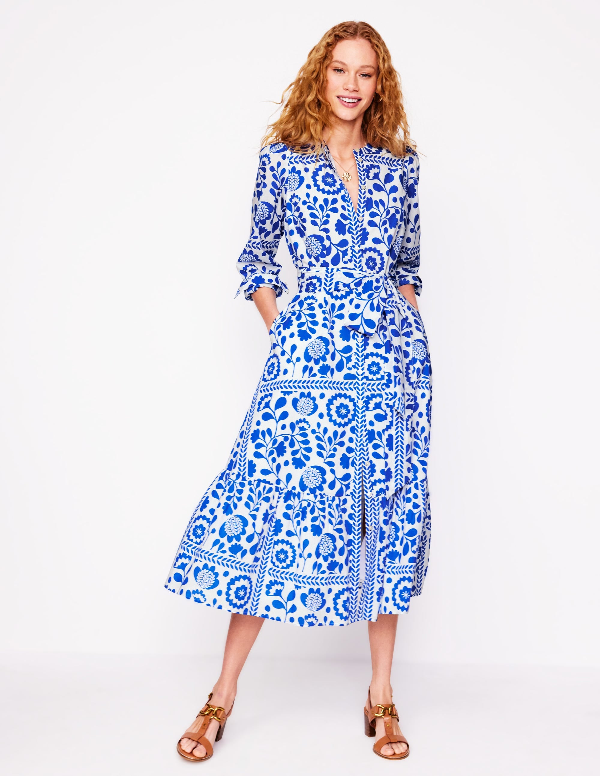 Mia Tiered Shirt Dress-Gallery Blue, Vine Tile - Image 1