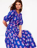 Robe midi Rhea brodée-Bleu galerie, motif Dahlia Sprig