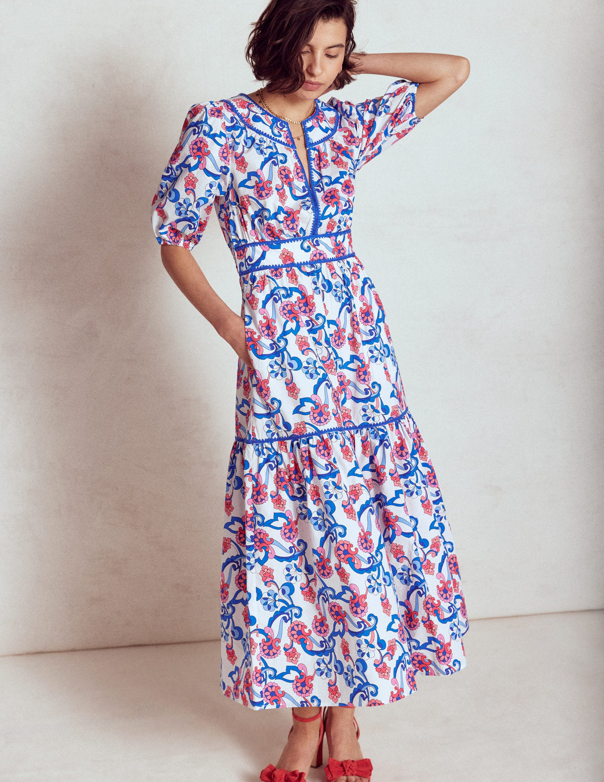 Rhea Embroidered Midi Dress-Ivory, Foliage Trail - Image 5