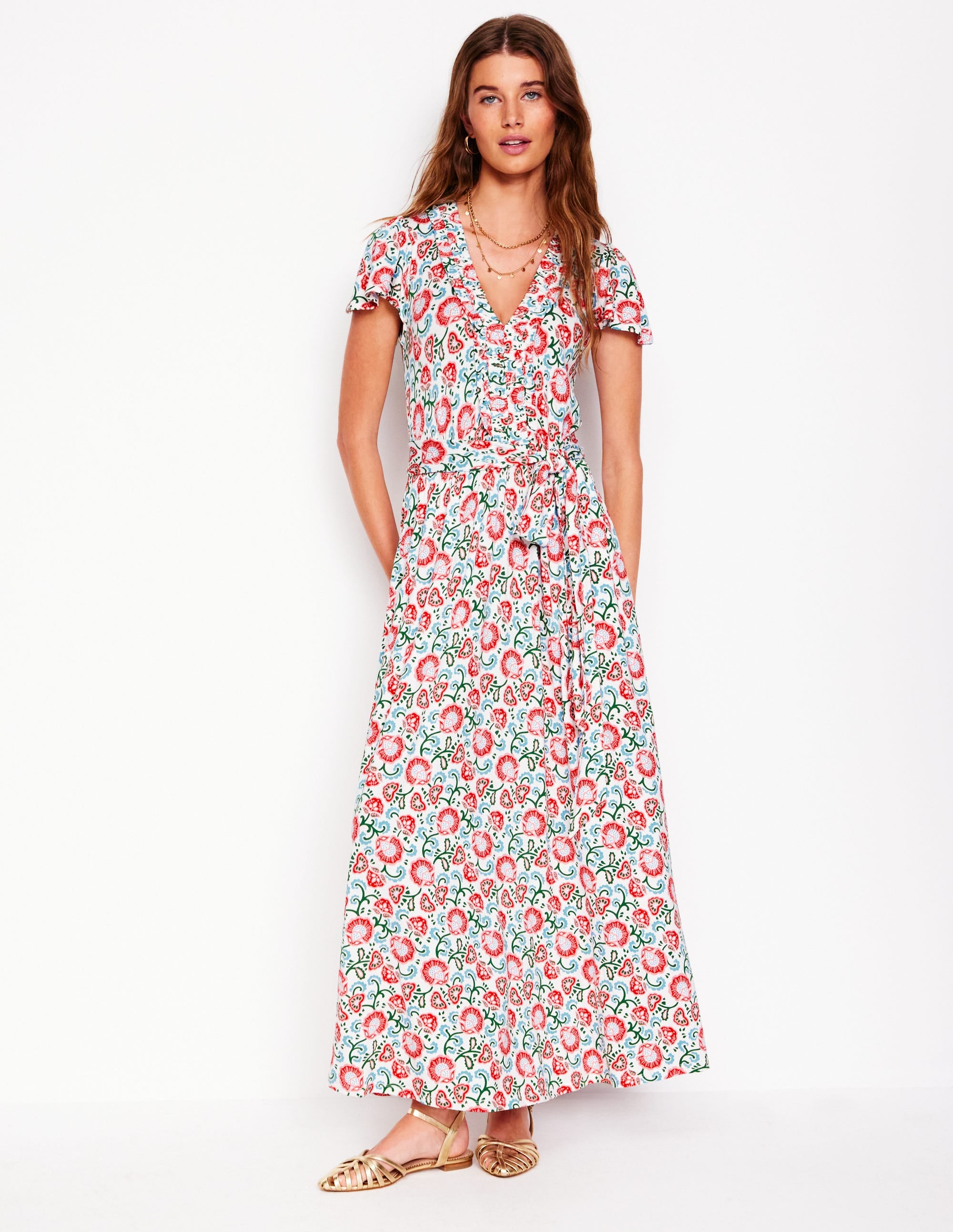 Nicola Jersey Tea Dress-Ivory, Garden Vine - Image 1