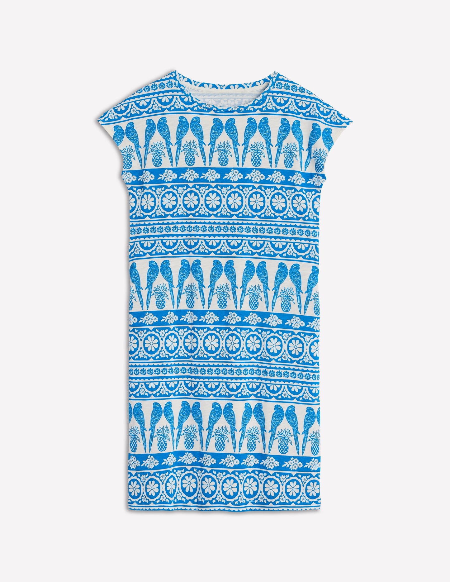 Leah T-Shirt-Kleid aus Jersey-Himmelblau, Tropische Ornamente