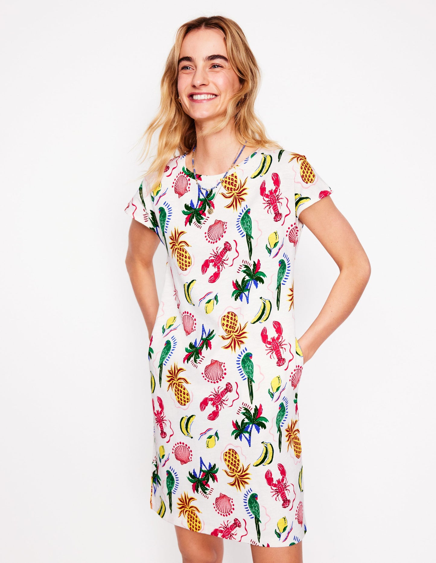 Leah T-Shirt-Kleid aus Jersey-Weiß, Tropical Bonanza-Motiv
