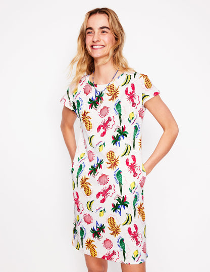 Leah T-Shirt-Kleid aus Jersey-Weiß, Tropical Bonanza-Motiv