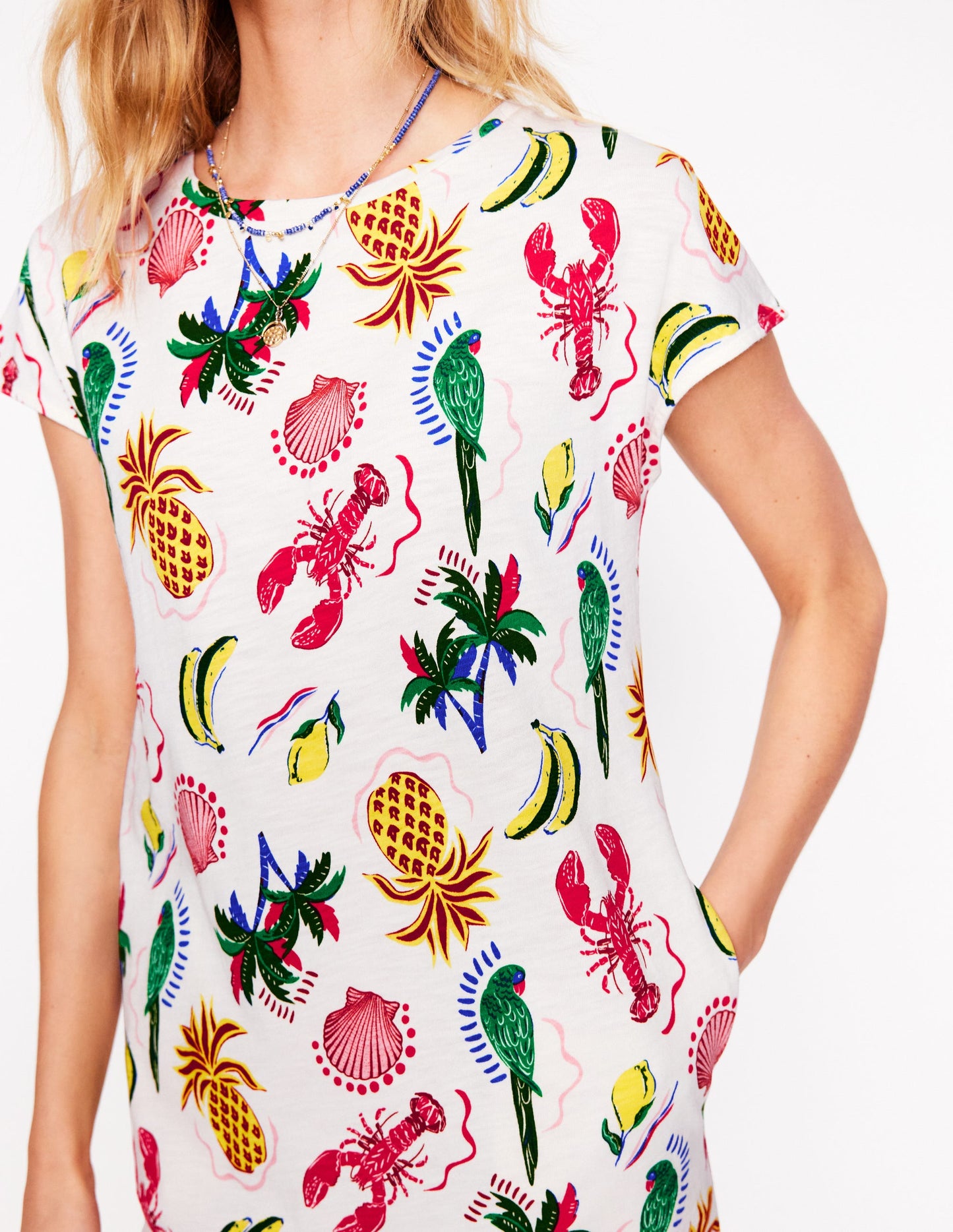 Leah T-Shirt-Kleid aus Jersey-Weiß, Tropical Bonanza-Motiv