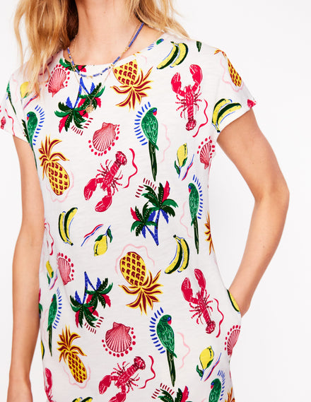Leah T-Shirt-Kleid aus Jersey-Weiß, Tropical Bonanza-Motiv