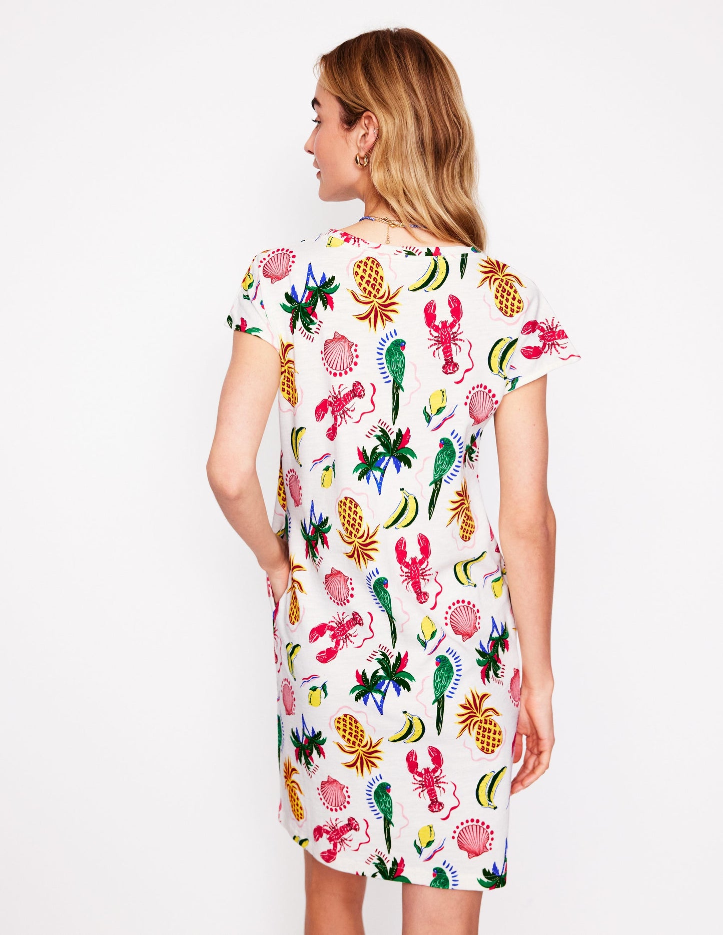Leah T-Shirt-Kleid aus Jersey-Weiß, Tropical Bonanza-Motiv