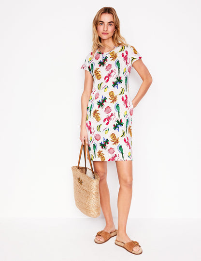 Leah T-Shirt-Kleid aus Jersey-Weiß, Tropical Bonanza-Motiv