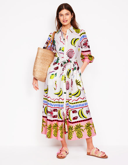 Clara Hemdblusenkleid aus Leinenmischgewebe-Bunt, Tropical Bonanza-Motiv